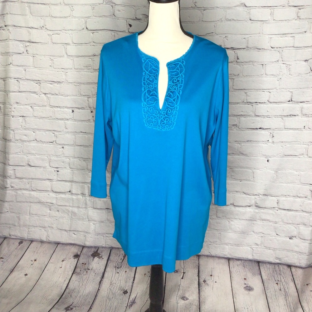 Jones New York Sport Woman Turquoise 3/4 Sleeve V-Neck Pullover Tunic 1X NWT
